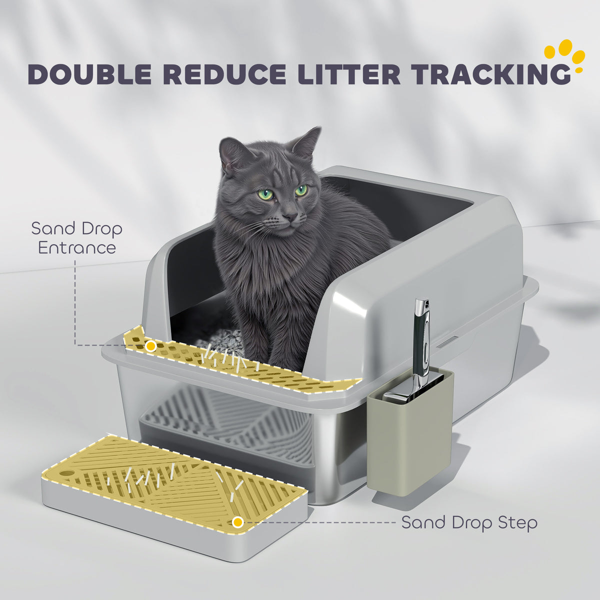 Stainless Steel Litter Box with Metal Scoop & Scoop Holder, High Sided, Anti-Urine Leakage, Non-Sticky