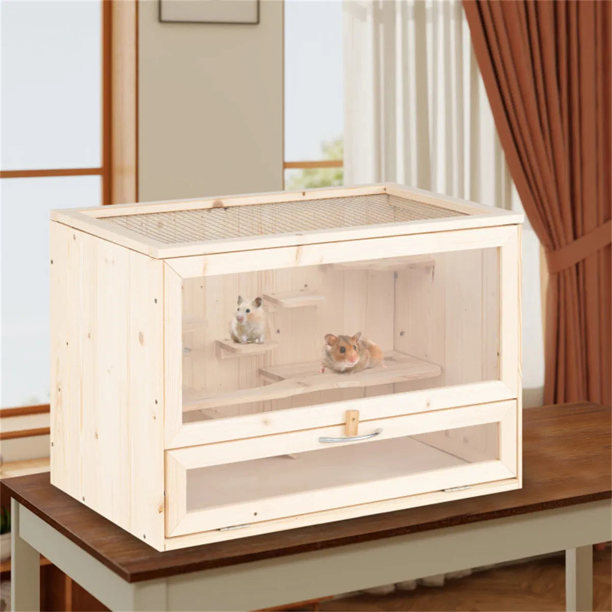 Fir Wood Hamster Cage with Flip Roof, Multi-Ladder Activity Areas for Guinea Pigs Hedgehogs