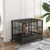Heavy Duty Dog Crate Metal Cage Kennel With Lockable Wheels, Double Door And Removable Tray, Gray