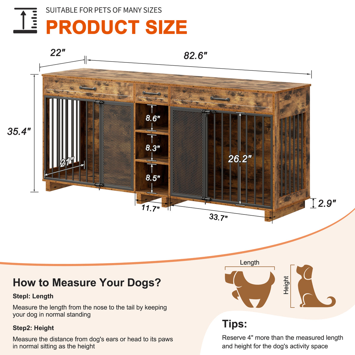 Large Wooden Dog Crate Furniture, Multi-Functional Pet Cage Cabinet with Storage
