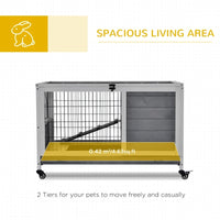 PawHut Indoor Rabbit Enclosure, Wooden Elevated Cage Habitat With Enclosed Run With Wheels - Ideal For Rabbits And Guine
