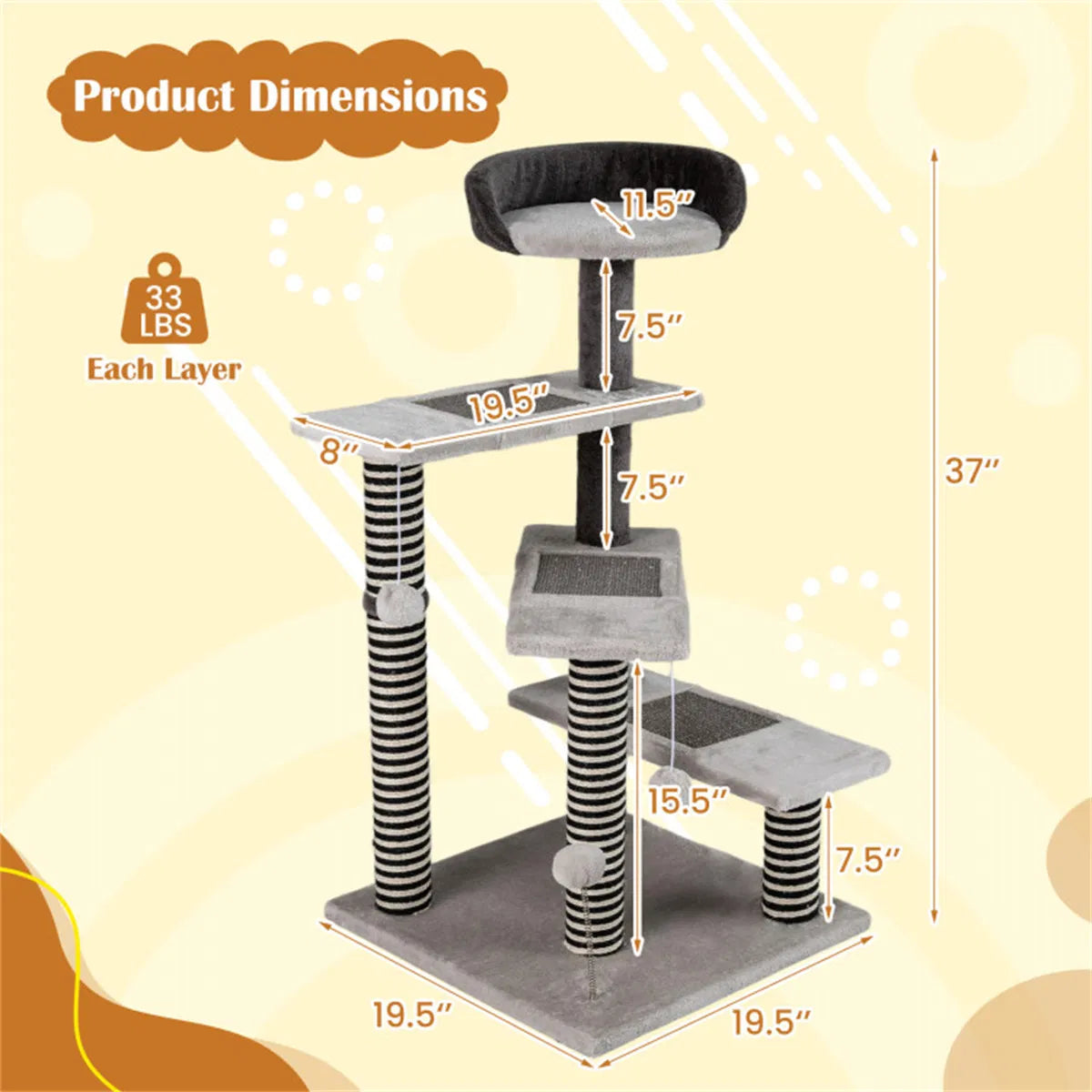 37" tall Cat Stairs with Scratching Mats - 3-Tier Perches, Spring Ball & Dangling Toys for Cats