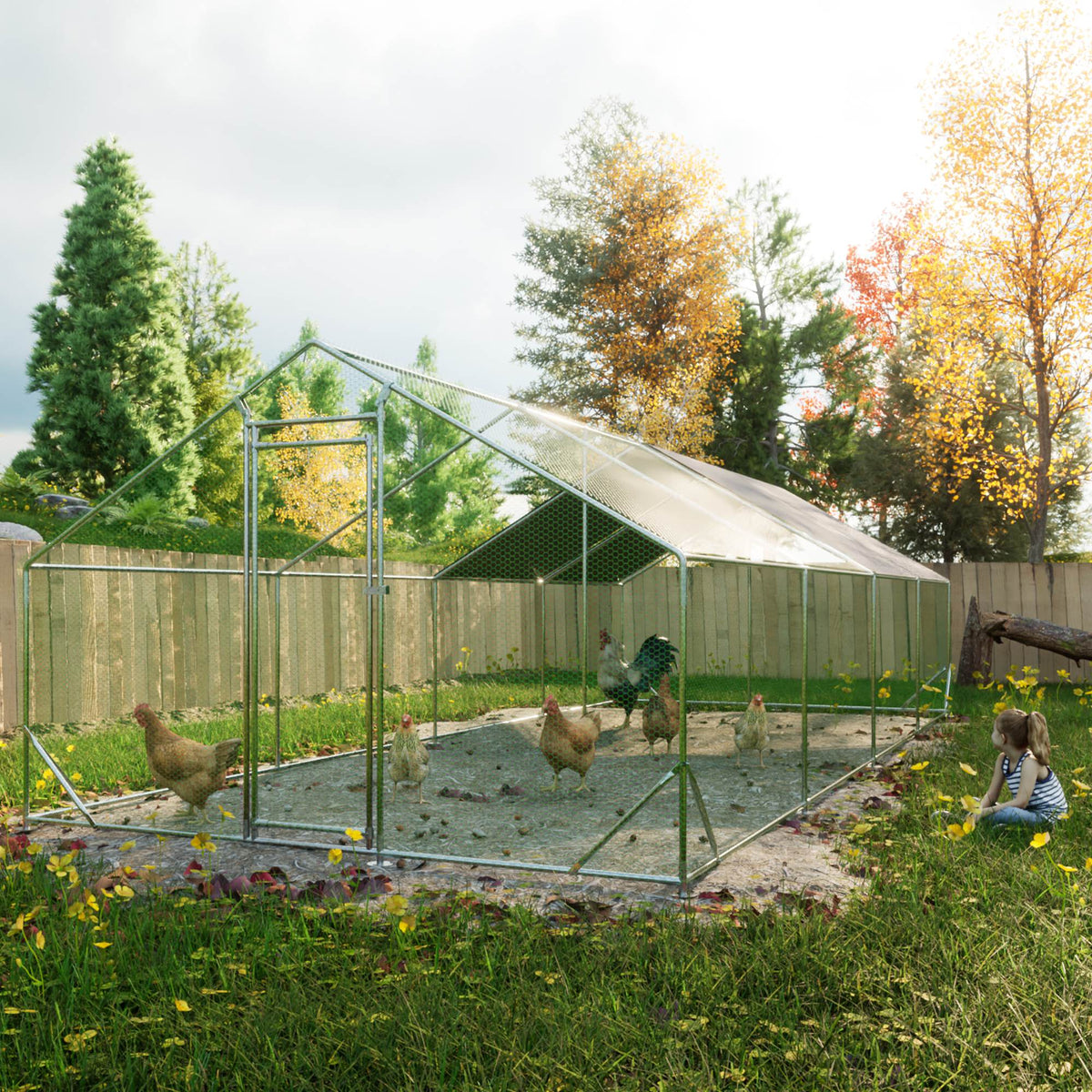 Large Metal Chicken Coop, Walk-in Chicken Run, Galvanized Wire Poultry Chicken Hen Pen Cage, Rabbits Duck Cages With Wat