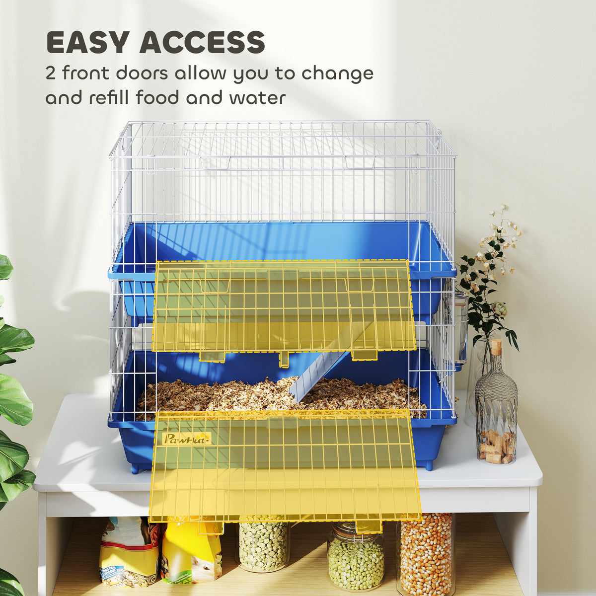2-Tier Guinea Pig Cage, Ferret Cage, Chinchilla Cage, Small Animal Cage Indoor with Dish and Bottle, 2 Doors, Deep Botto