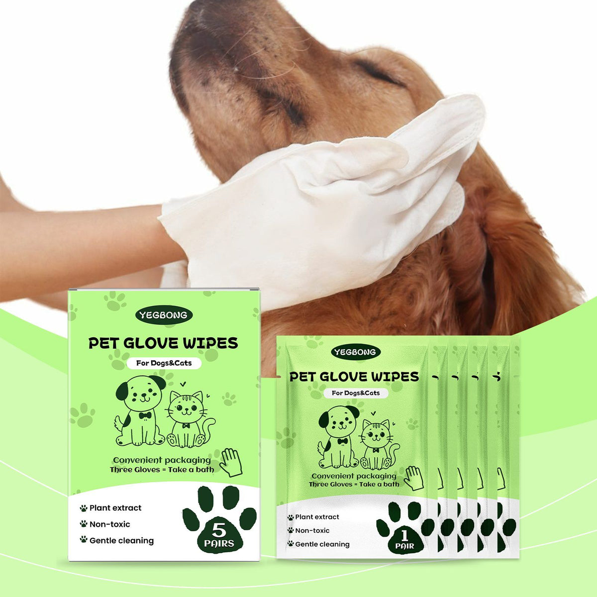 YEGBONG Disposable Pet Glove Wipes, 5 Pieces