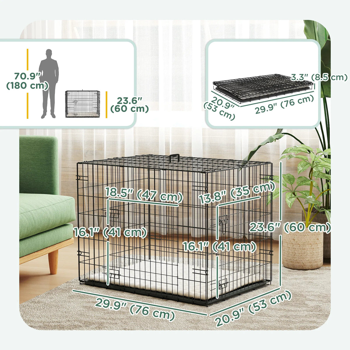 30" Dog Crate with 2 Doors, Folding Metal Dog Cage with Soft Cushion, Removable Tray, Handle, for Small Dogs, Black