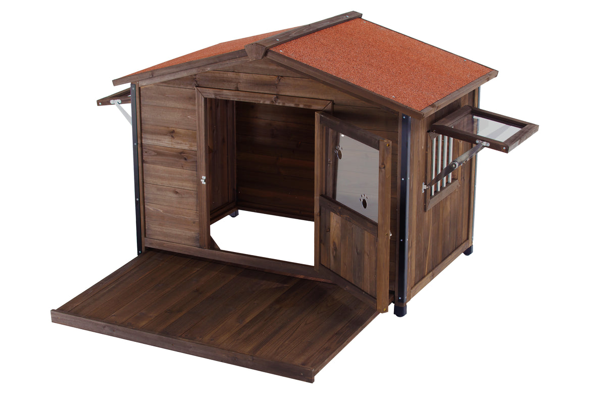Unique All-Around Iron Frame,Outdoor Large Wooden Cabin House Style Wooden Dog Kennel