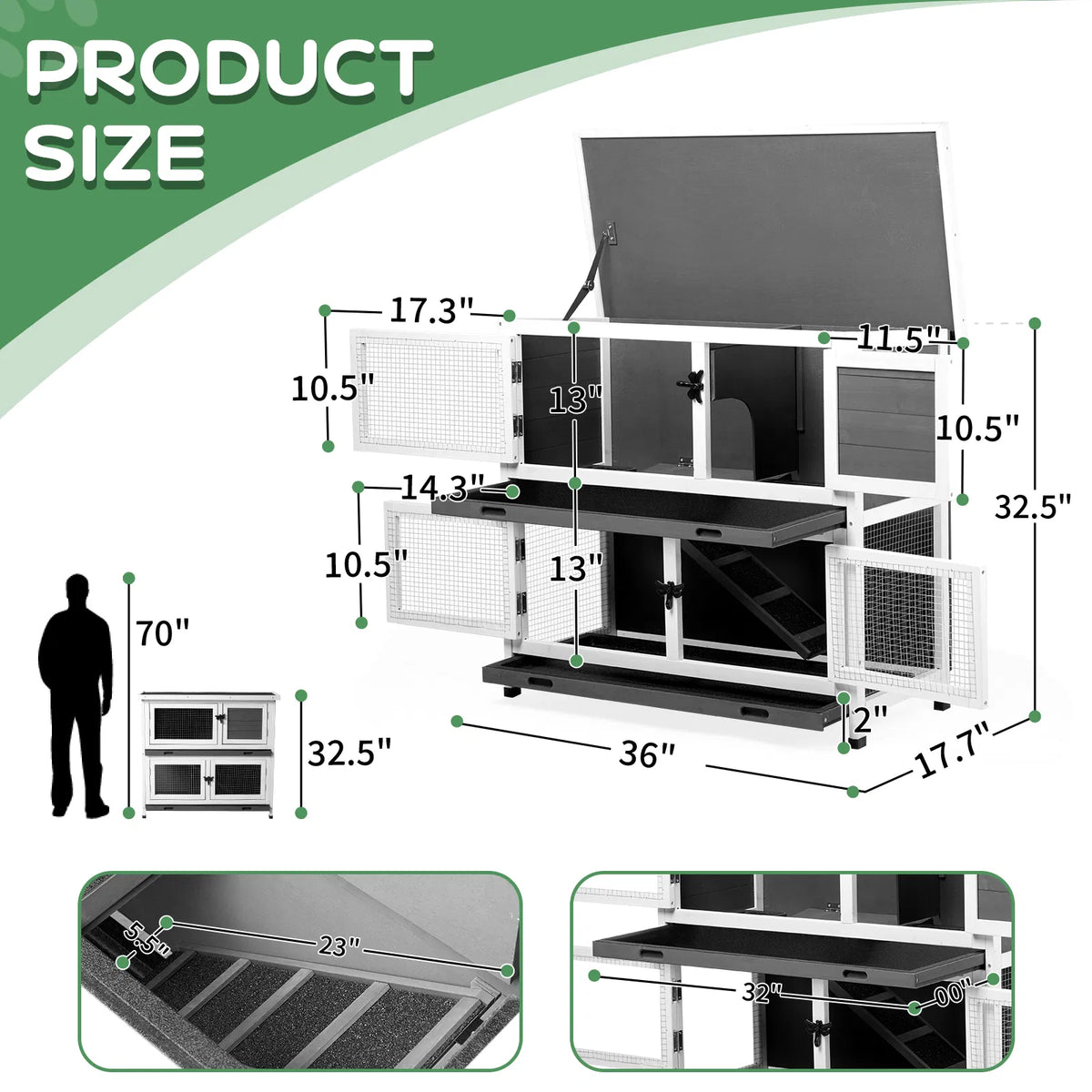 2 Story Solid Wood Rabbit Hutch Bunny Cage with 2 Large Main Rooms, Indoor Outdoor Rabbit House Guinea Pig Cage Pet Hous