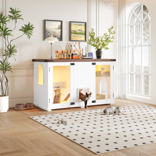 47.25 Large Cat Litter Box Enclosure With LED Light, Hidden Litter Box Furniture, Cat House With Stairs And Cat Scratchi