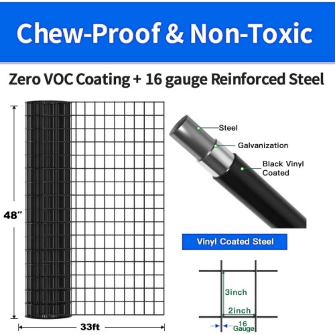 48 INCHx33 FT Black Vinyl-coated Metal Mesh, 16 Gauge 0.67 Inch Black PVC Metal Mesh, Black Welded Wire Mesh Support, Po