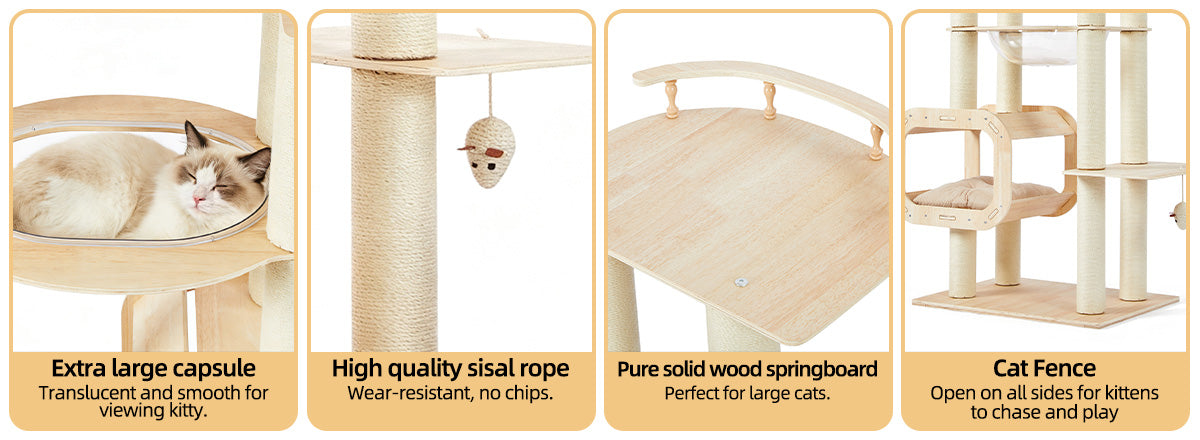 Heavy-Duty No-Drill Large Cat Tree-Solid Wood, 5-Story Multi-Column Cat Tower, 80.4in For Large Spaces & Multi-Cat House