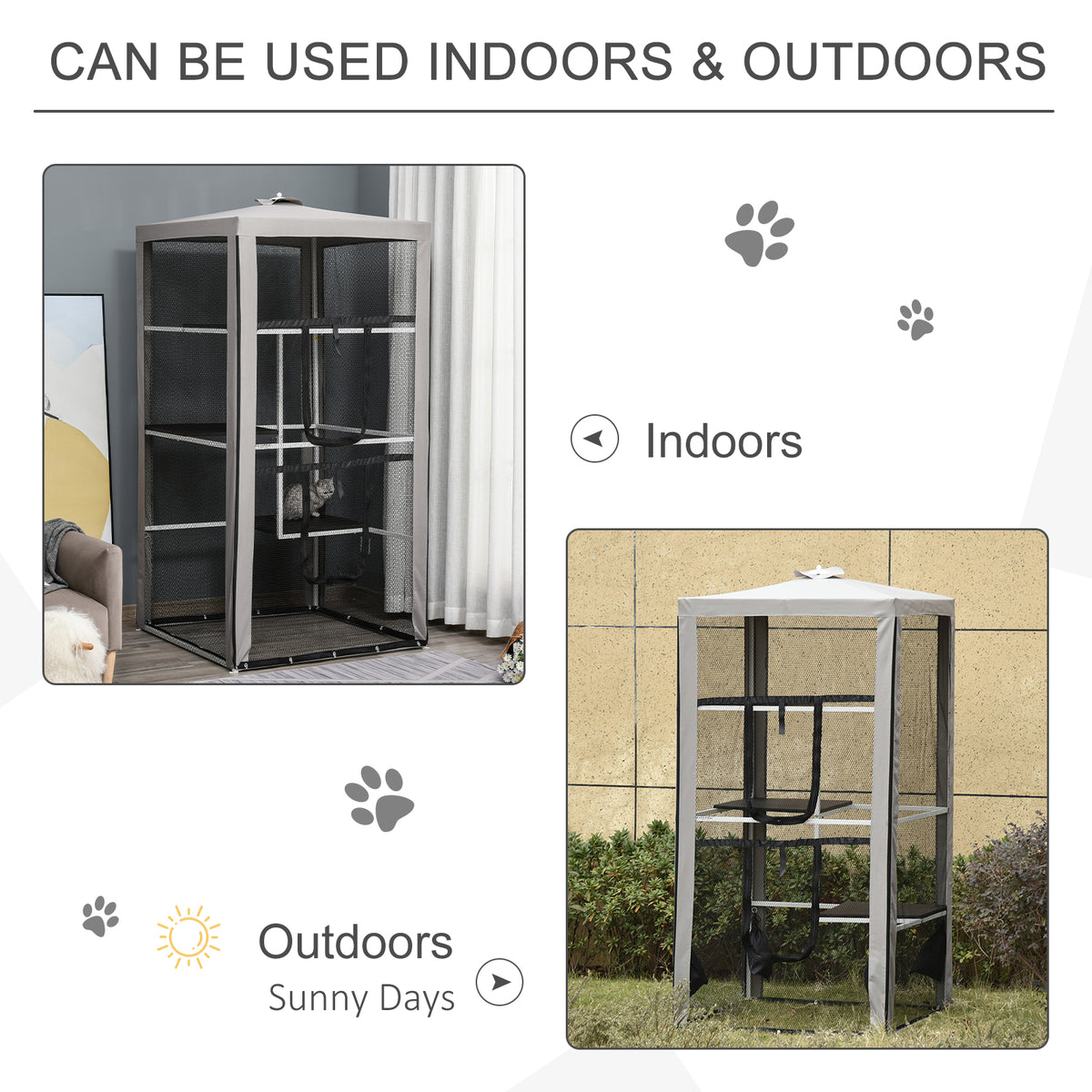 79"H Cat House Kitten Enclosure Mesh Playpen Steel Frame with 3 Platforms, 2 Doors and 4 Sandbags for Stability, Indoor/