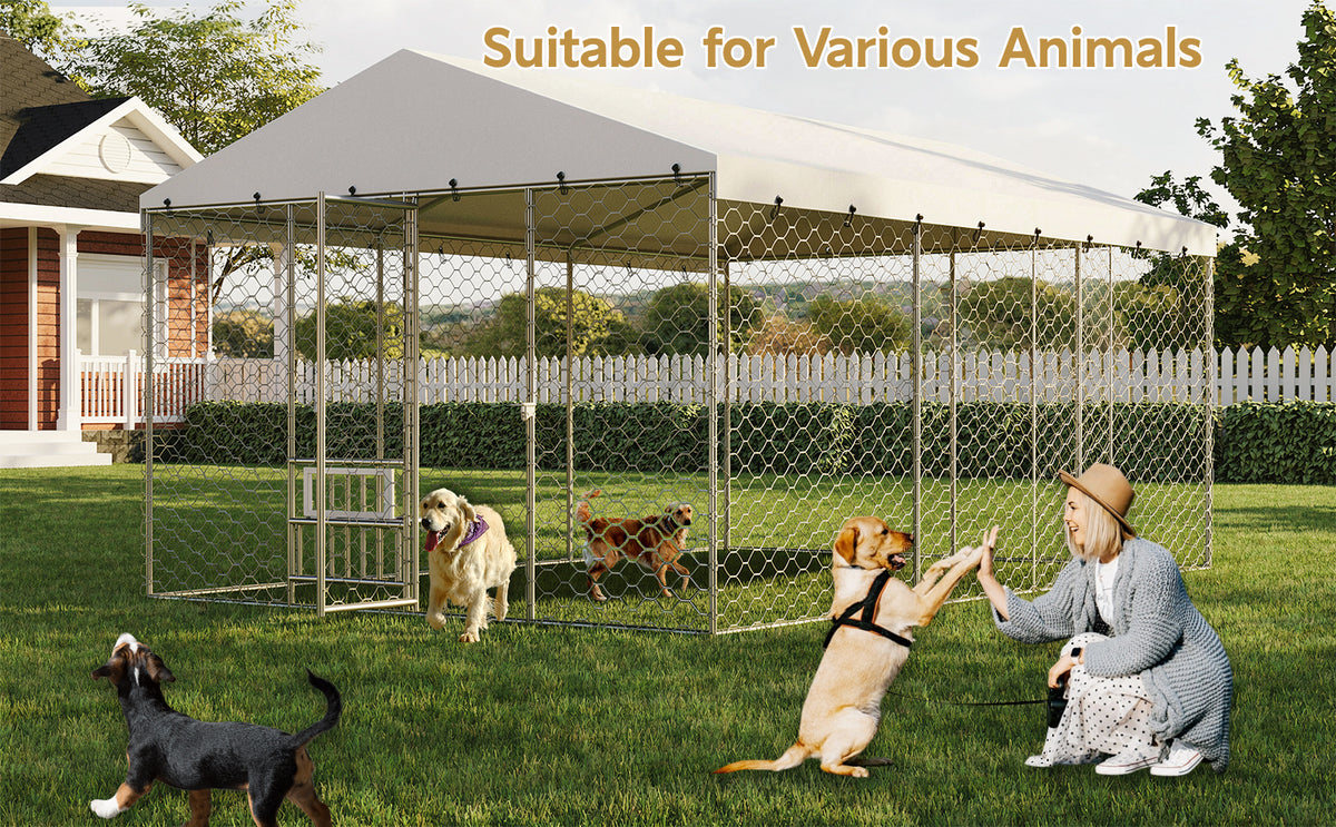15x10 FT Large Outdoor Dog Kennel with Canopy, Heavy Duty Galvanized Steel Frame, Waterproof Cover, Built-in Elevated Fe