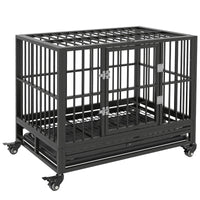 Heavy Duty Dog Crate Metal Cage Kennel With Lockable Wheels, Double Door And Removable Tray, Gray