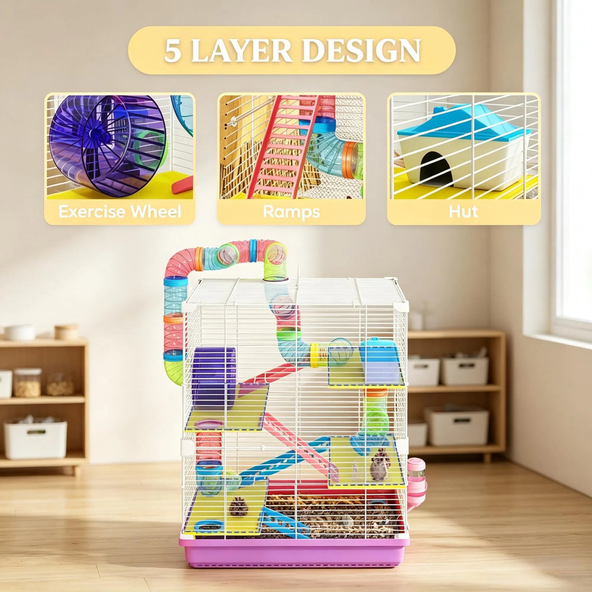 Pink 5-Tier Portable Hamster Cage for Short Trip Outing, Small Animal Travel Carrier with Tunnel Tubes