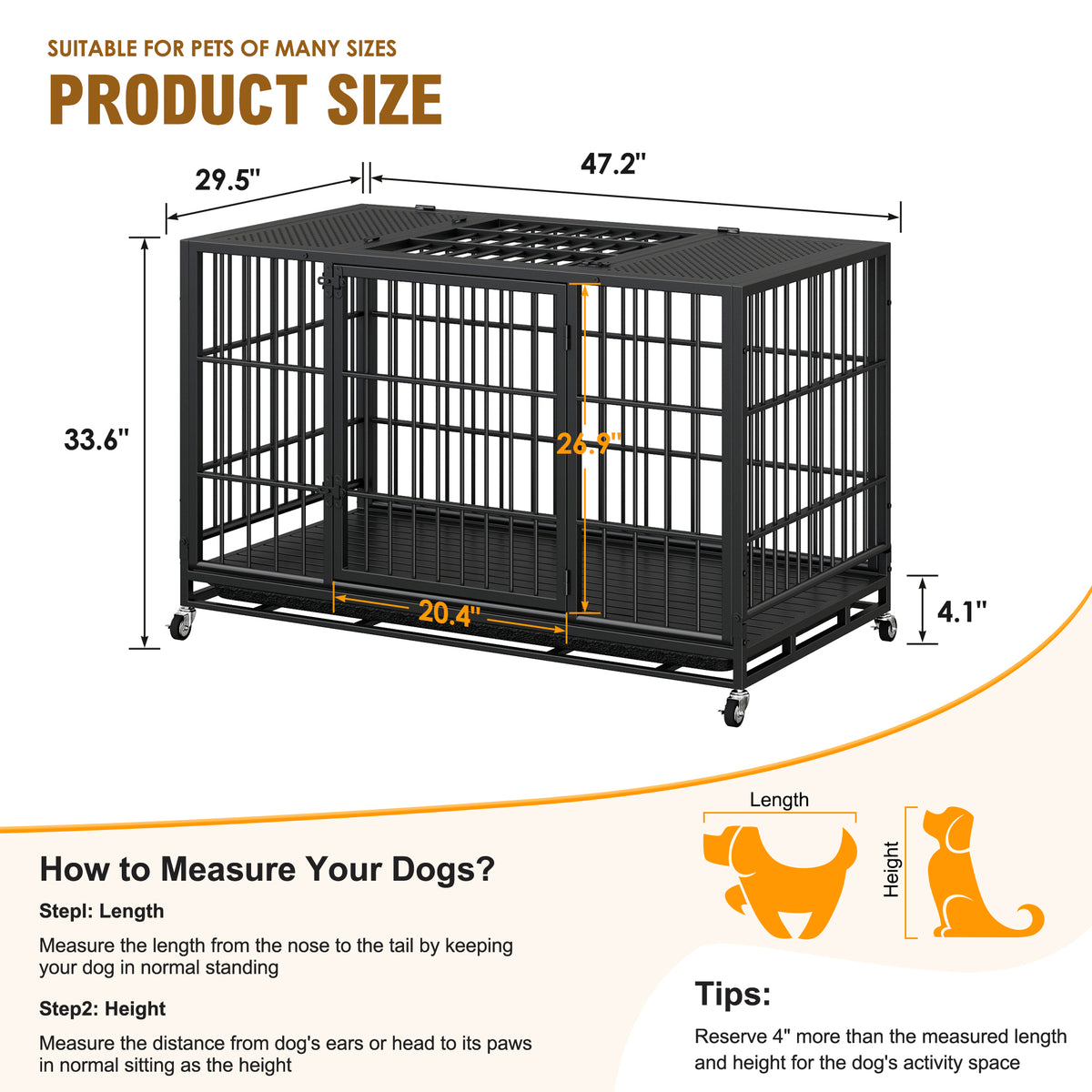 Heavy Duty Dog Crate , Mobile Pet Kennel with Lockable Wheels & Rotary Twist-Latch, Indoor Outdoor Metal Cage with Perfo