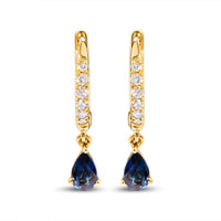 10K Yellow Gold Pear Blue Sapphire and 1/10 Cttw Diamond Drop and Dangle Huggy Hoop Earrings (H-I Color, I1-I2 Clarity)