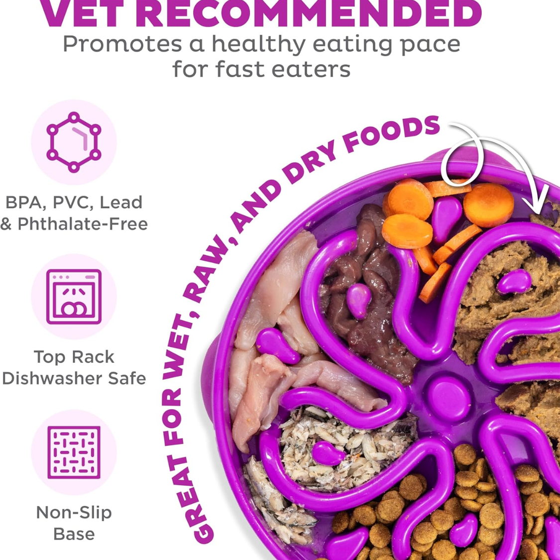 Hound Feeder Slo Bowl Large 4 Cup Capacity, Slow Feeding, Medium To Large Dogs, Non Slip, Purple, Flower Pattern