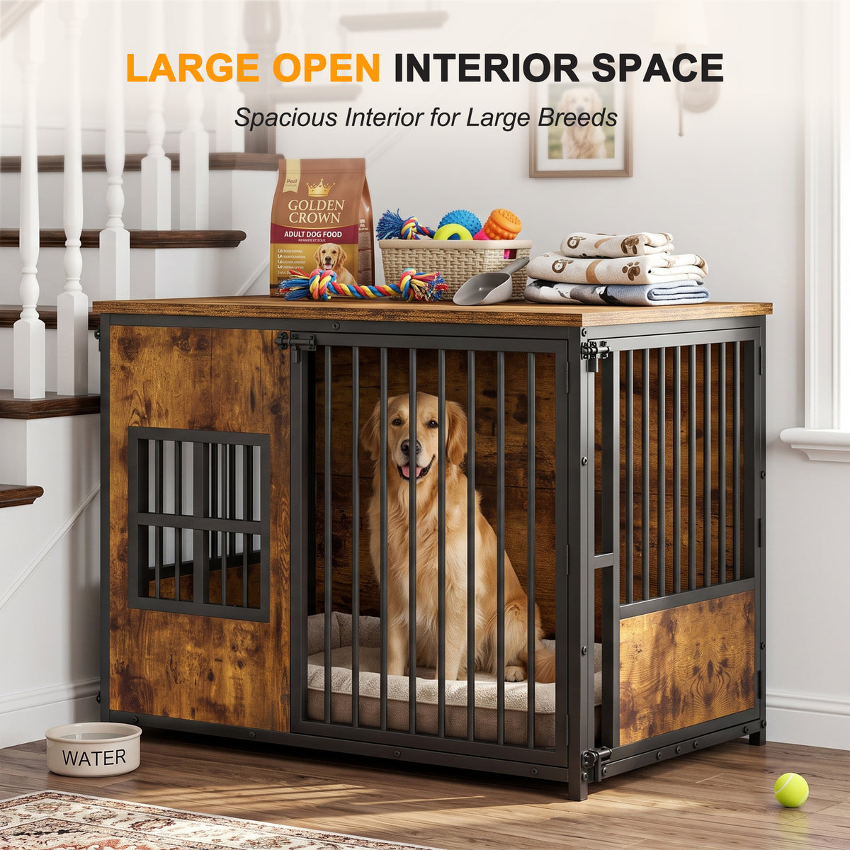Wooden Dog Crate Furniture, Large Dog Kennel with Storage Top, Indoor Pet Cage