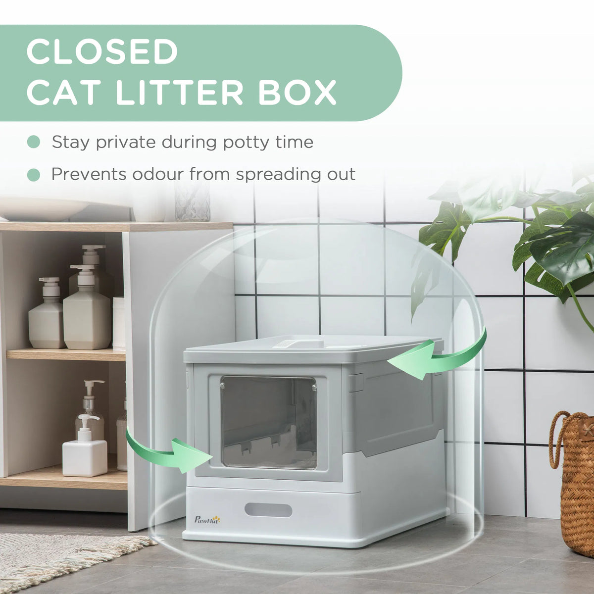 Top Entry Enclosed Kitty Litter Box with Scoop, Tray, Front Entry, Large Space, Foldable, Portable, Grey