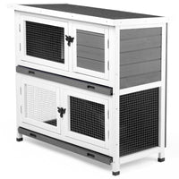 2 Story Solid Wood Rabbit Hutch Bunny Cage with 2 Large Main Rooms, Indoor Outdoor Rabbit House Guinea Pig Cage Pet Hous