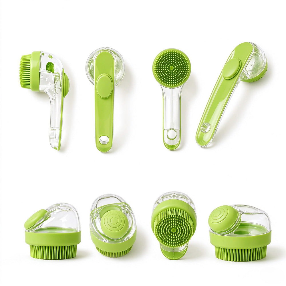 2 Pack Long & Short Handheld Dog Cat Shower Brush With Liquid Dispenser, Soft Silicone Grooming Brush For Pet Bathing & 