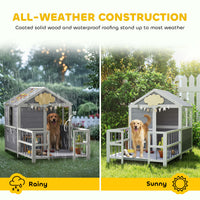 Outdoor Dog House, 61"L Wooden Dog House with Porch, Weatherproof Roof, Elevated Base, Air Vents & Observation Windows