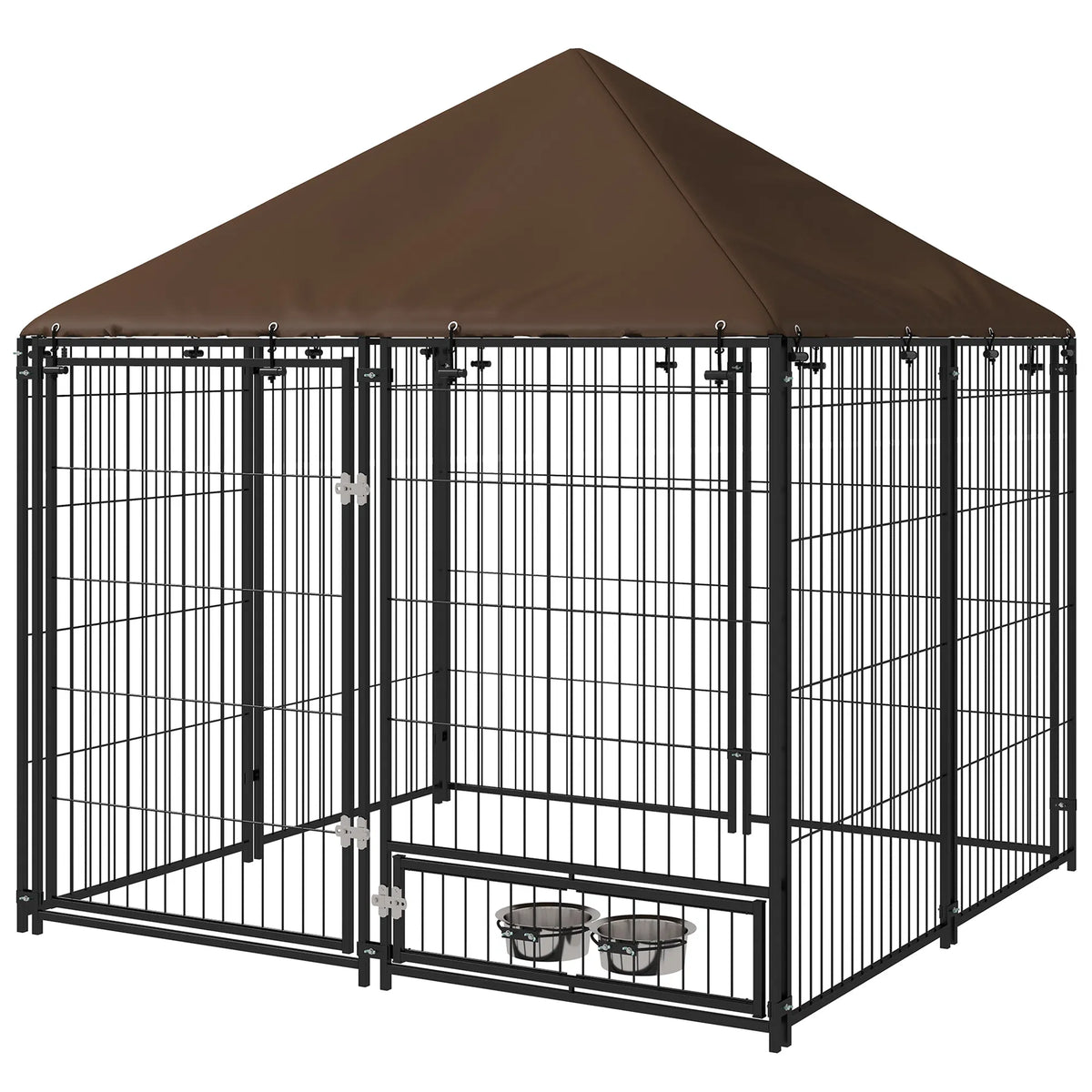 4.6' x 4.6' x 5' Outdoor Dog Kennel with Canopy, Rotating Bowls, Coffee