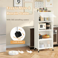 5-Tier Rolling Microwave Stand Flip Dust-Proof Doors 4 Casters with Brakes Kitchen Storage Rack White