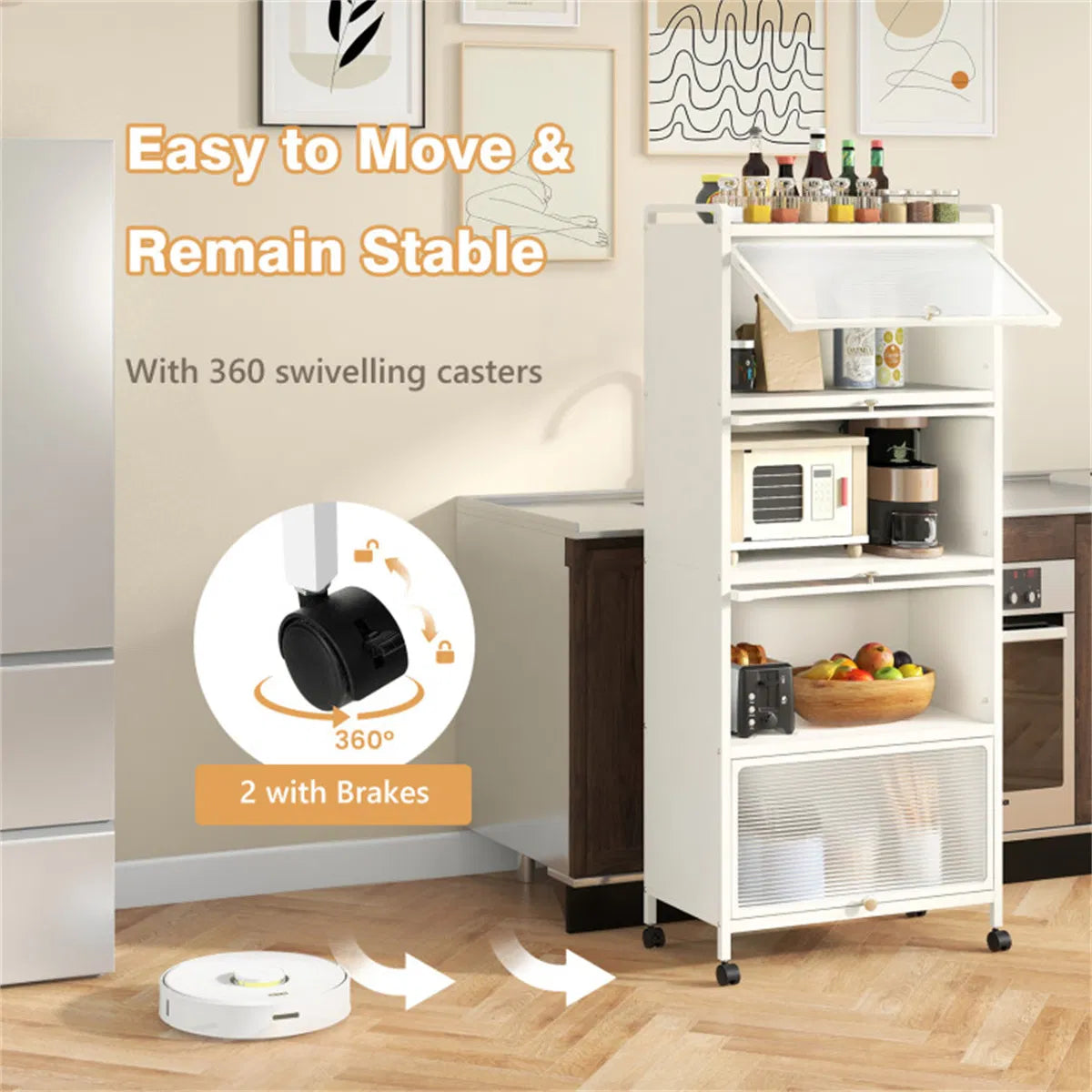 5-Tier Rolling Microwave Stand Flip Dust-Proof Doors 4 Casters with Brakes Kitchen Storage Rack White