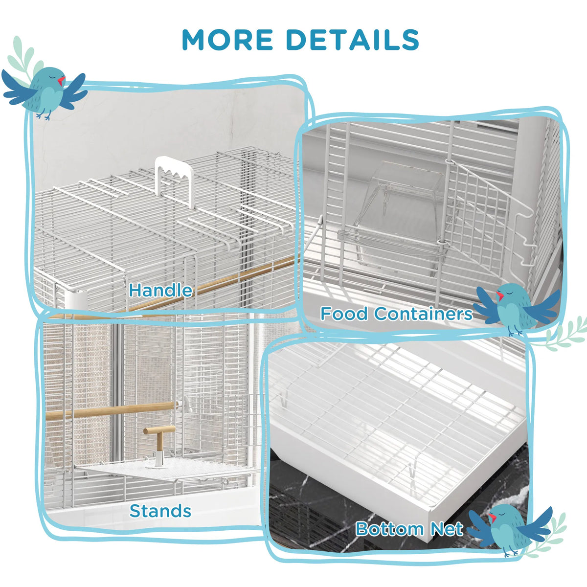 22" Bird Cage for Budgie Finches Canaries Love Birds with Wooden Stands, Slide-Out Tray, Handles, Food Containers, White