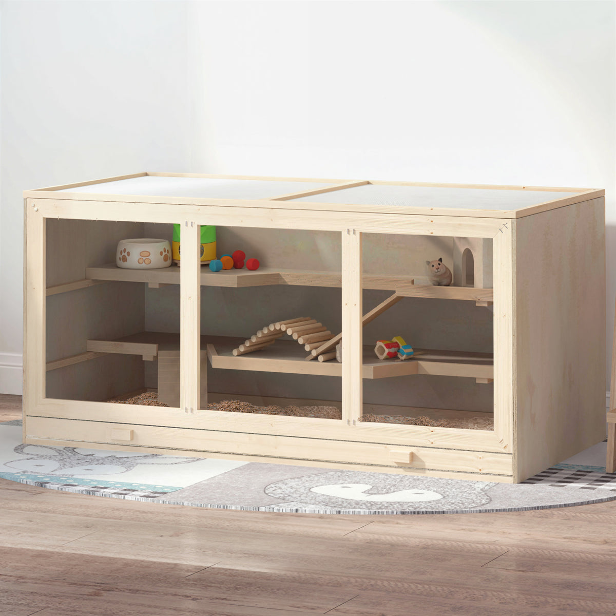 45" Extra Large Wooden Hamster Cage, 3-Layer Rat Cage with Opening Roof, PVC Window, Small Animal Habitat for Gerbil, Dw