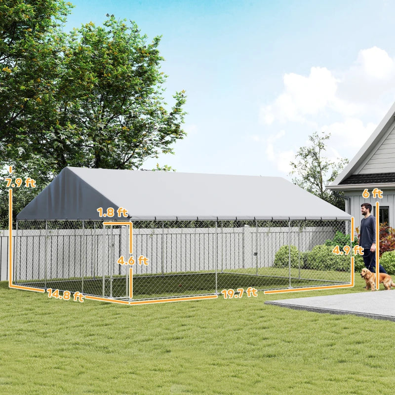 Heavy Duty Outdoor Dog Kennel With Waterproof Roof, 2 Secure Latches, Chain Link Dog Run For Backyard, 20' X 15' X 8',Mu