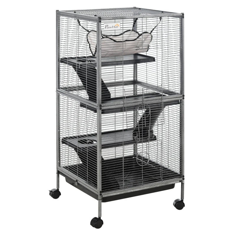 PawHut Metal Small Animal Cage Rolling Big Ferret Cage, Chinchilla Cage, Sugar Glider Cage, With Hammock & 4 Tiers, Remo