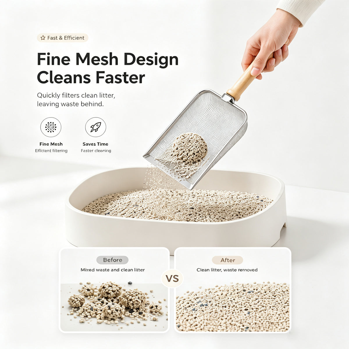 Stainless Steel Cat Litter Scoop With Fine Mesh Sifter, Durable Metal Litter Scooper With Ergonomic Wooden Handle, Heavy