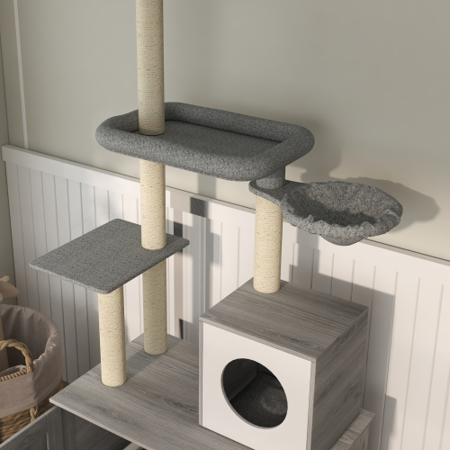 PawHut Cat Tree With Litter Box Enclosure, 2 In 1 Floor To Ceiling Cat Tower Litter Box Furniture With Condo, Bed, Hammo