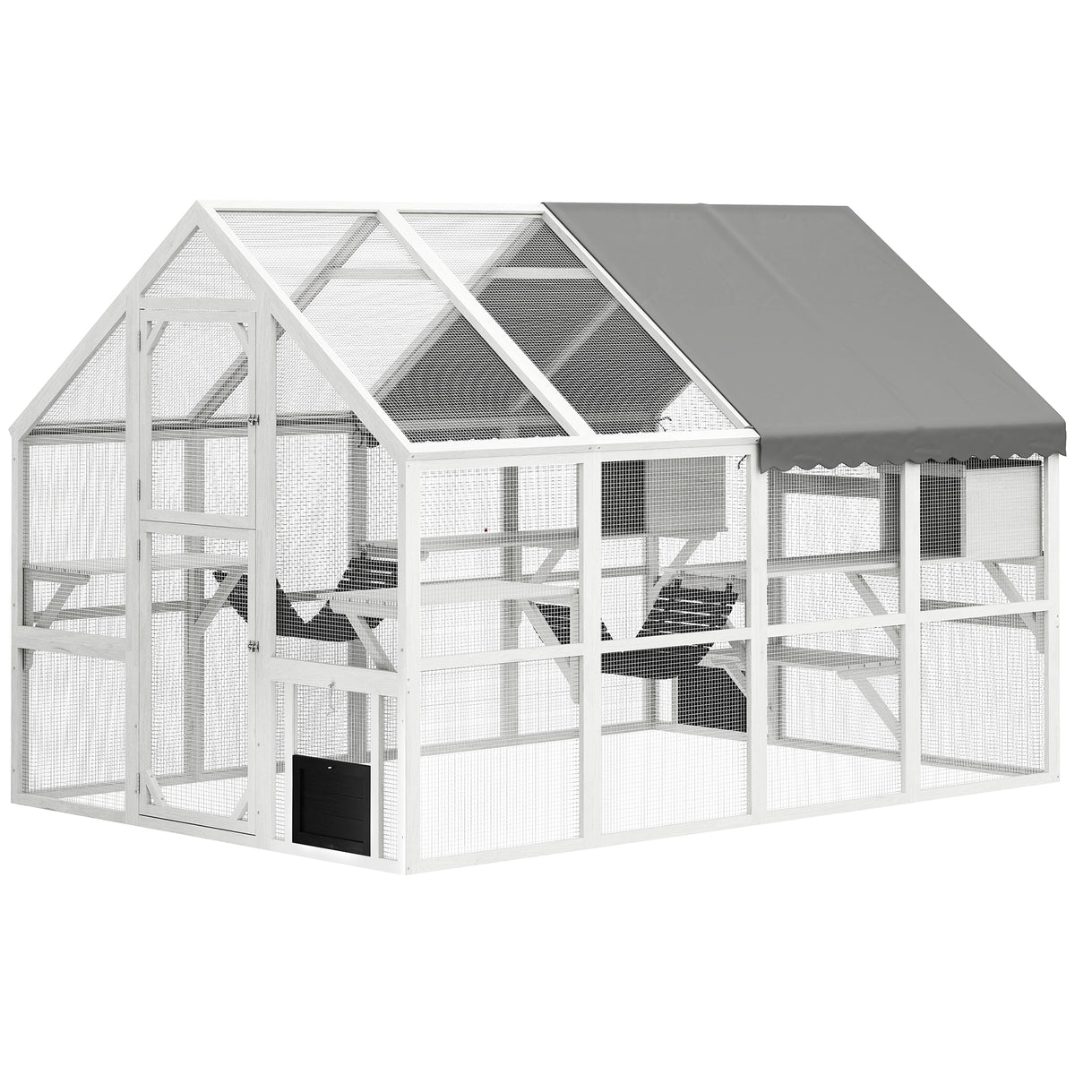 Wooden Catio Outdoor Cat Enclosure With Waterproof Cover, 2 Condos, 6 Platforms, Bridge, Doors, White