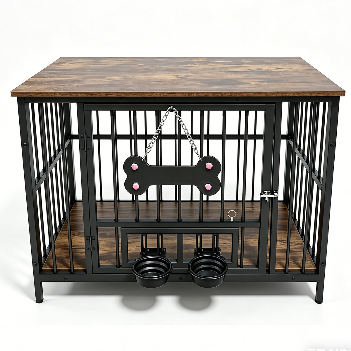 Vintage wood grain dog cage edge,360 degree rotating bowl with safety grade soft silicone material