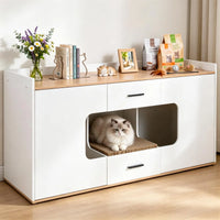 Large Cat Litter Box Enclosure Furniture with Storage Drawers & Built-In Scratching Board, Hidden Cat Washroom Cabinet w