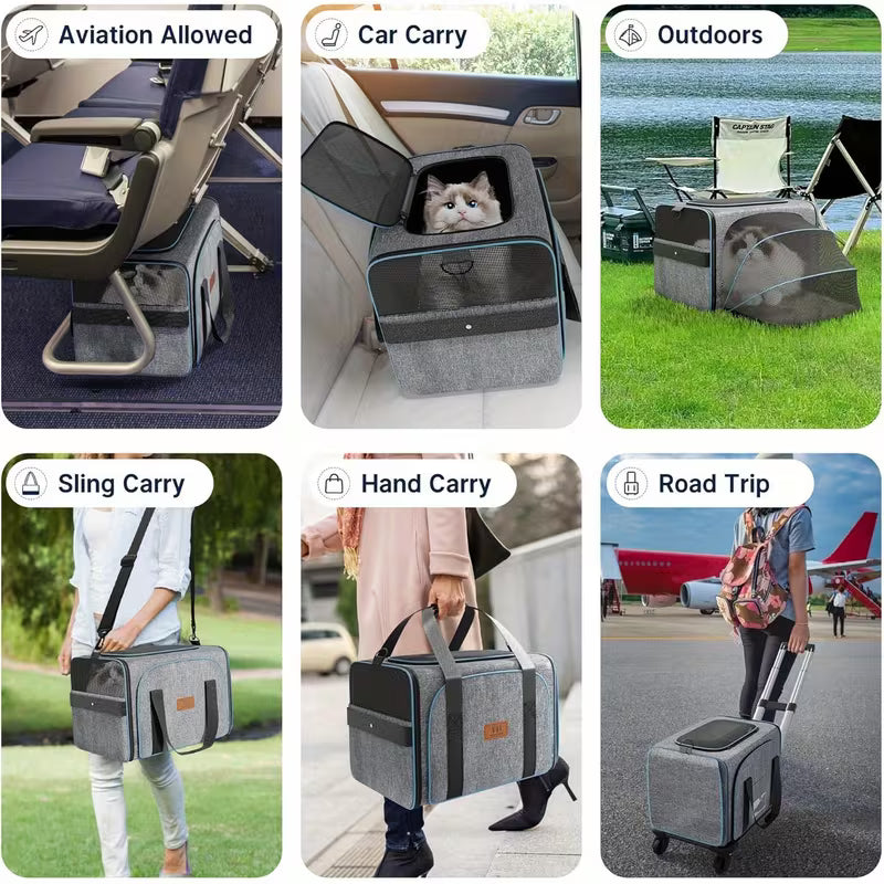Rolling Cat & Dog Travel Carrier – Expandable Wheeled Pet Cage with Detachable Base & Telescopic Handle, Airline Approved