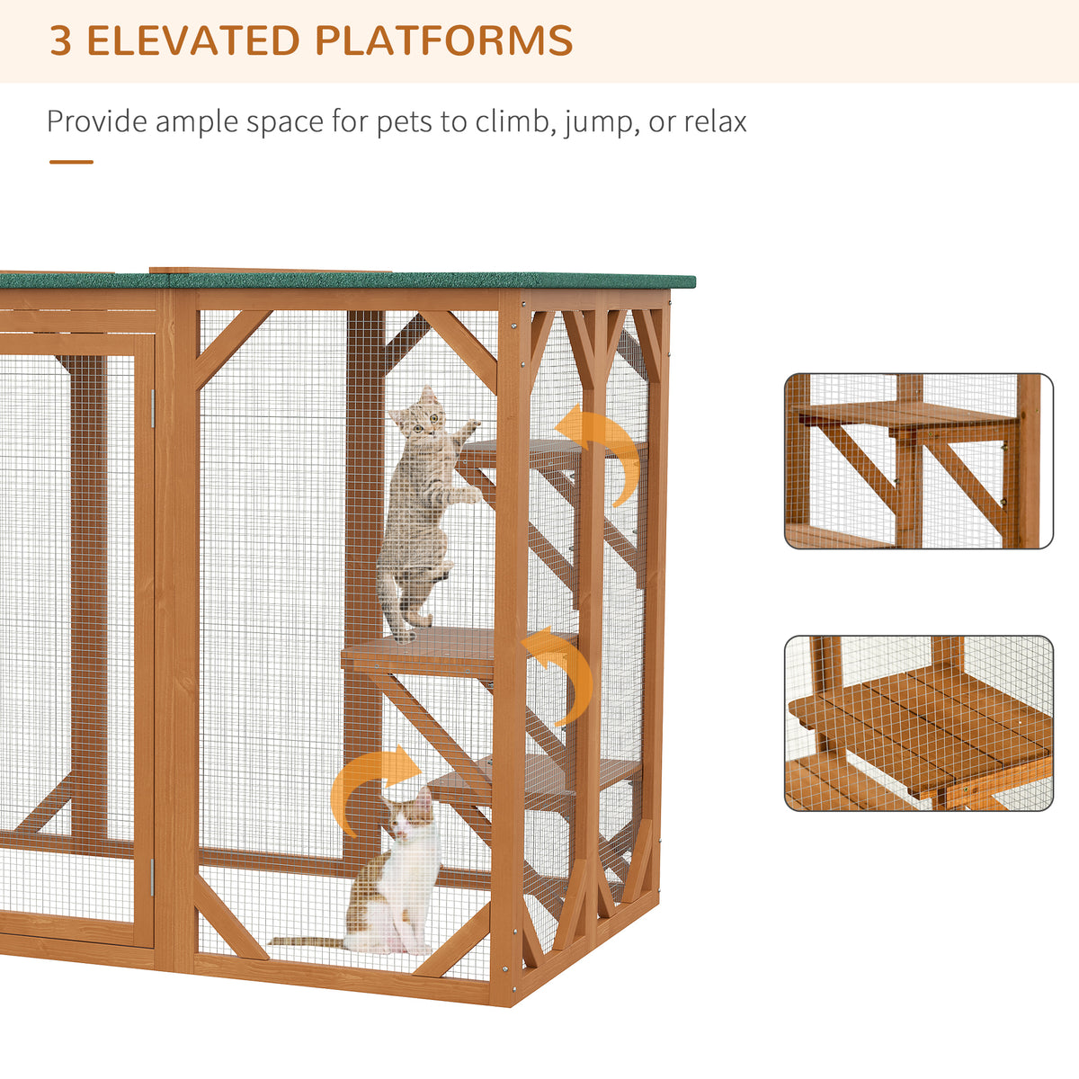 Outdoor Cat House, Catio Wooden Feral Cat Shelter, Cat Cage with Platforms, Large Enter Door, Weather Protection Asphalt