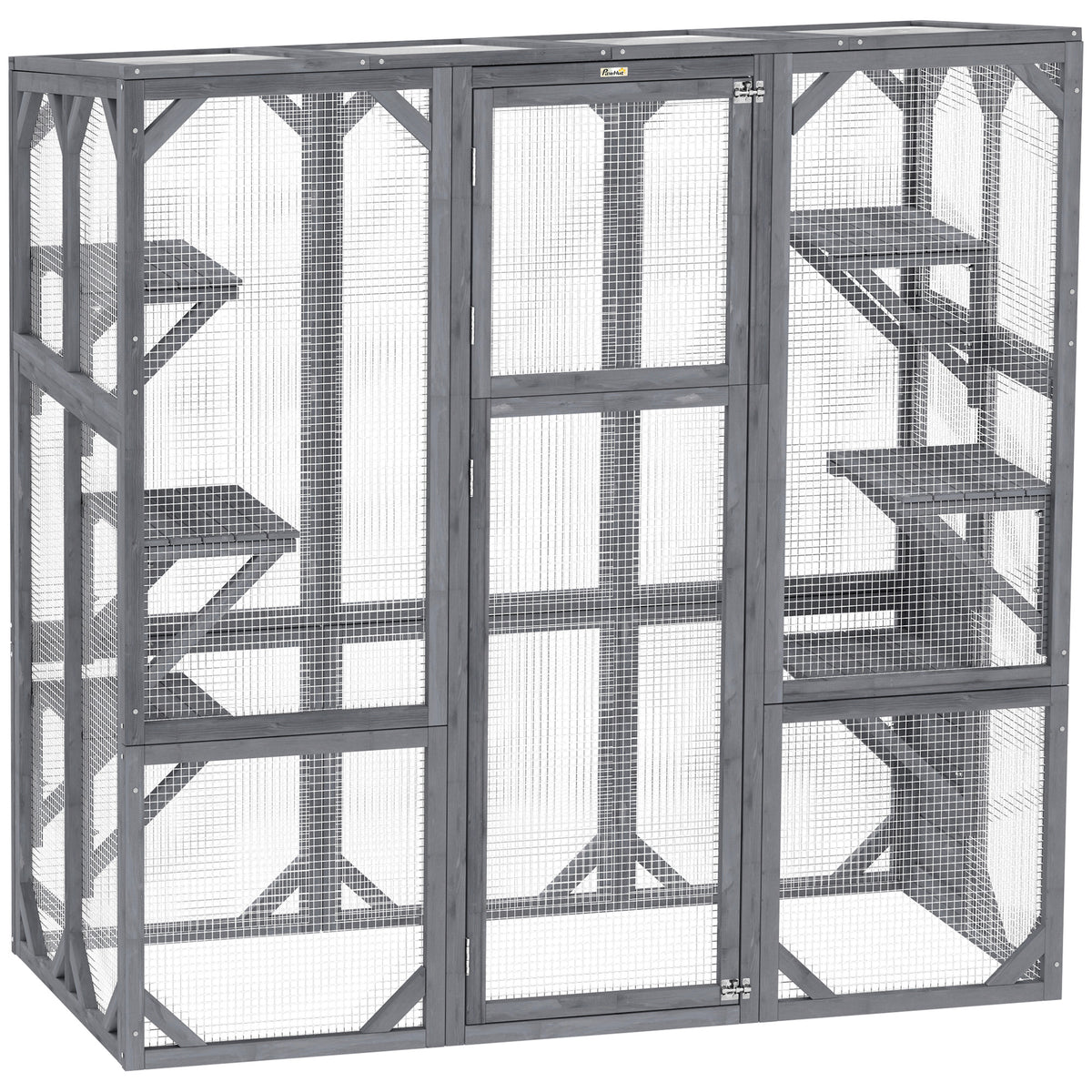 Large Wooden Catio Outdoor With 6 Jumping Platforms, Weatherproof Roof, For 1-3 Cats, 59 X 28 X 60, Gray