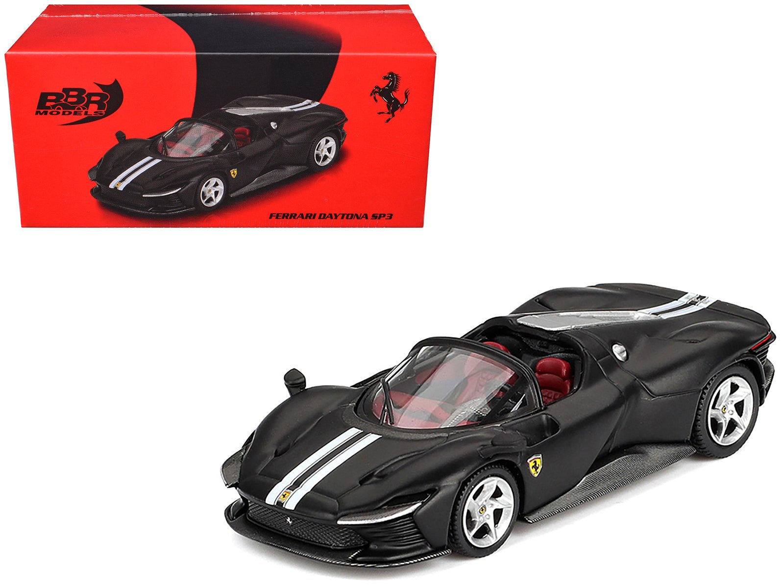 Ferrari Daytona SP3 Matt Black with White Stripes and Red Interior 1/64 Diecast Model Car by BBR  free shipping USA