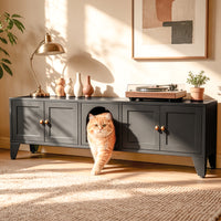 58in Metal Cat Litter Box Enclosure, Hidden Litter Furniture For 2 Cats, Large Indoor Cat House TV Stand Cabinet W Venti