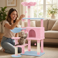 flower cat tree with large condo removable flower cushion and hammock pink