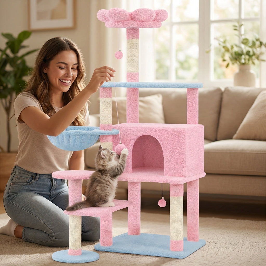 flower cat tree with large condo removable flower cushion and hammock pink
