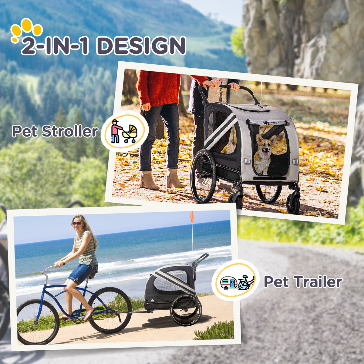 2-in-1 Pet Bike Trailer for Small Medium Dogs, Road-Visibility Dog Stroller Bicycle Carrier, Weather-Strong Bike Wagon T