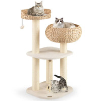 41 Inch Hand-Woven Water Hyacinth Cat Tree, 3 Sisal Scratching Posts Multi-Level Activity Center For Cats-White