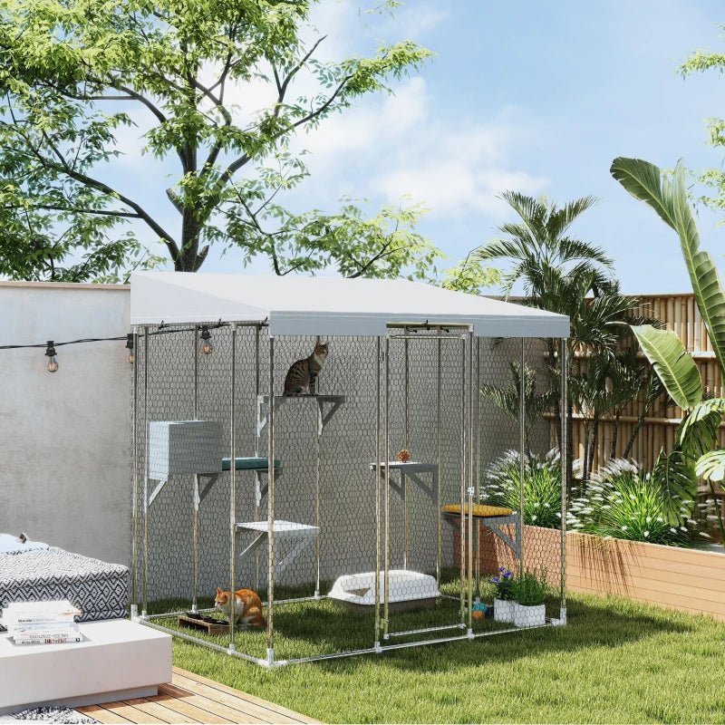 Galvanized Steel Large Catio With Waterproof Canopy, Sleeping Box, Jumping Platforms, For 1-3 Kittens, SilverMultiple Pa
