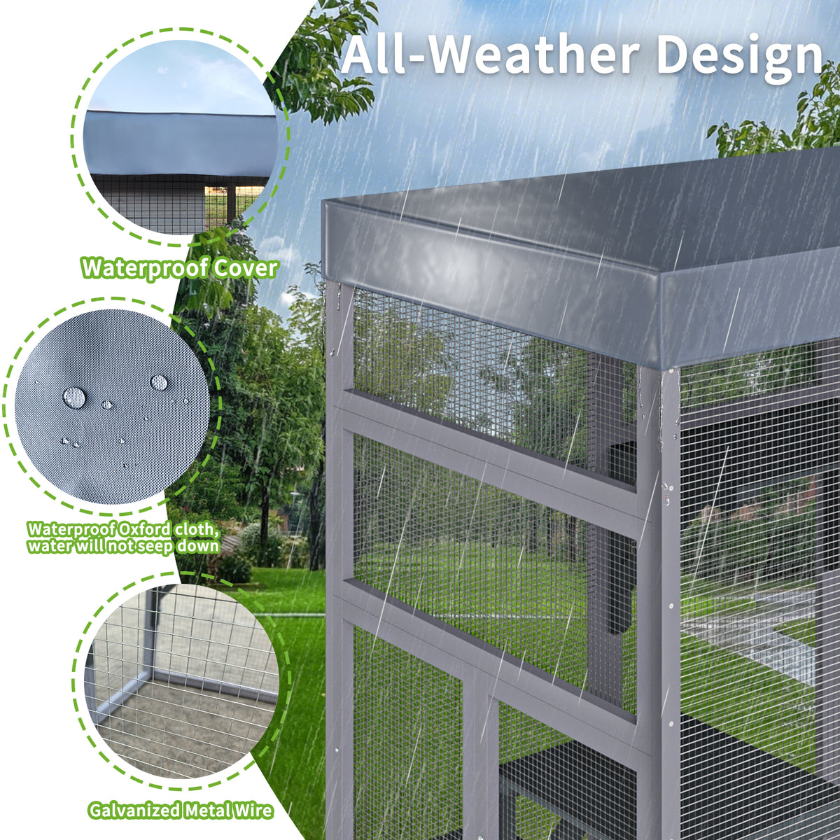62.6" Wooden Outdoor Catio for Cats, Large Cat Enclosure with Waterproof Roof, 2 Napping House, Platforms & Galvanized W